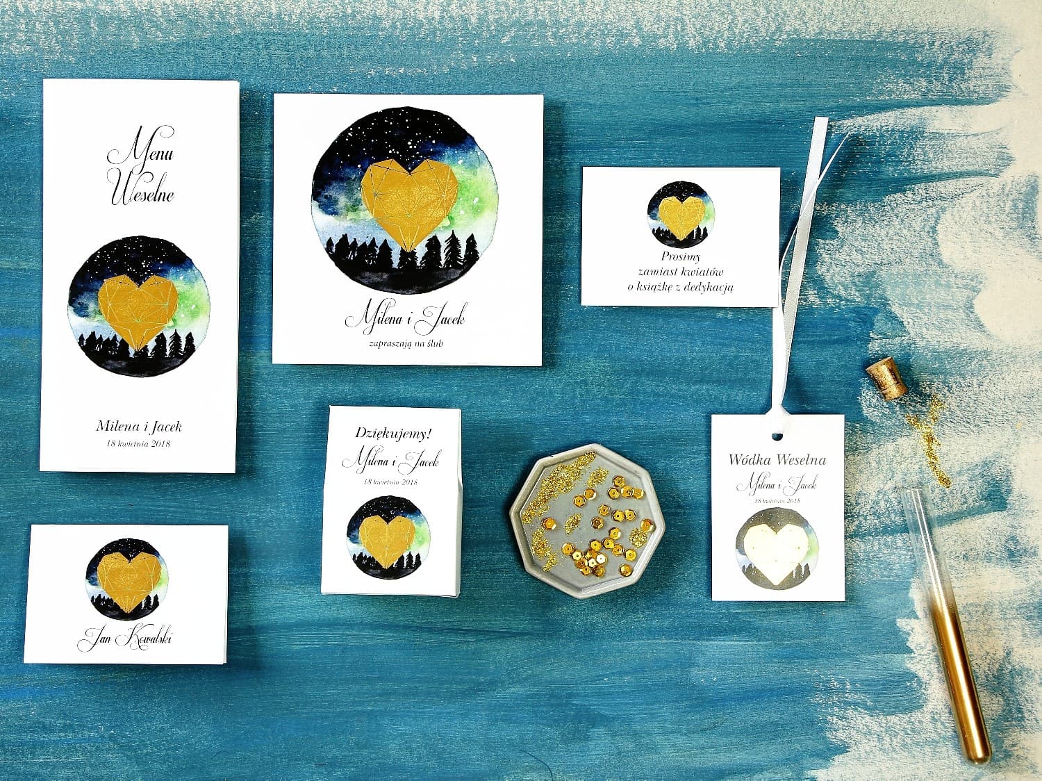 Próbki Zaproszeń Ślubnych Granatowe Złocone | Elegancki Zestaw Papeterii | Księżycowa Noc nr 4