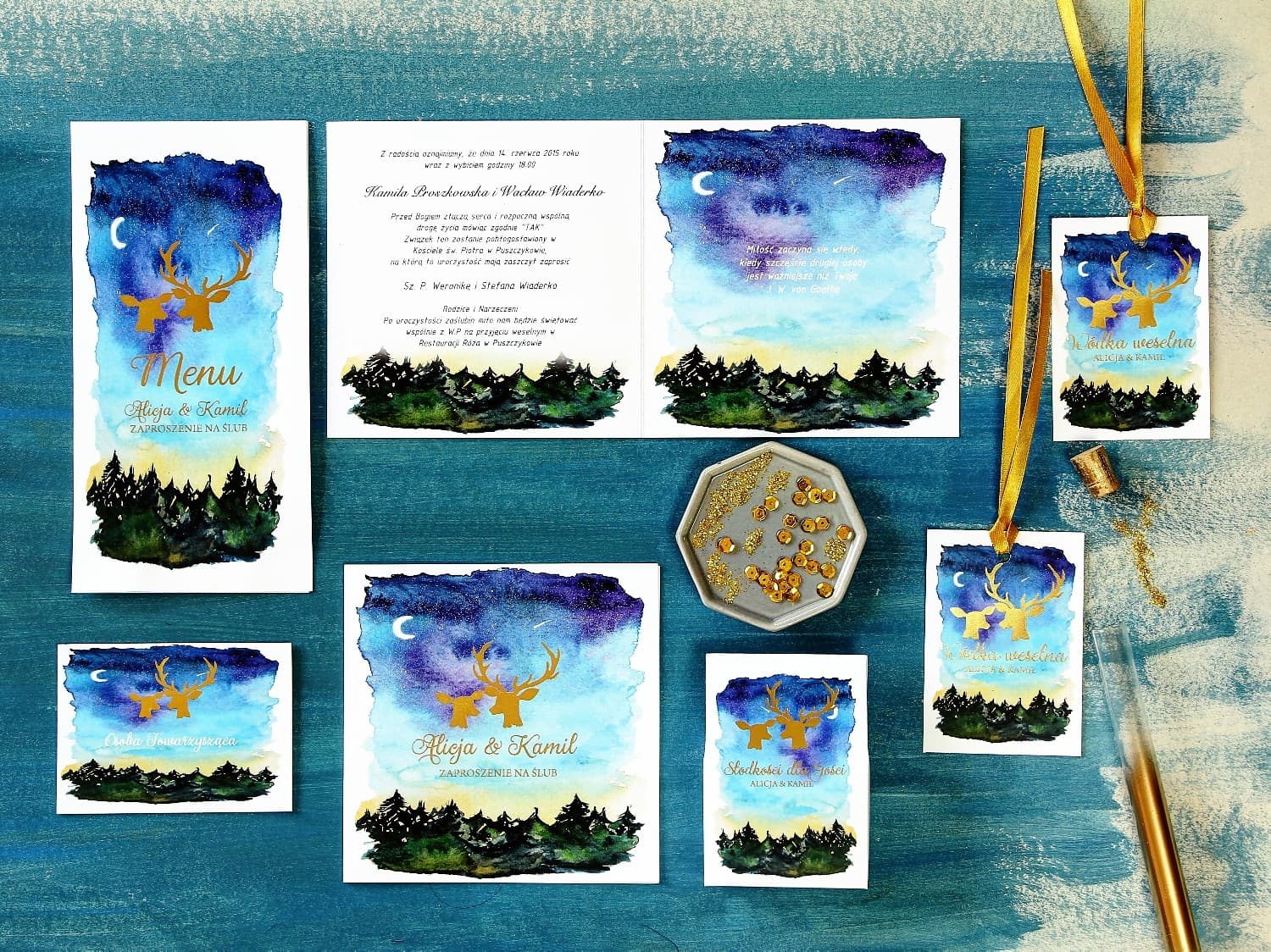 Próbki Zaproszeń Ślubnych Granatowe, Złote Jelenie | Zestaw Próbek Papeterii Ślubnej | Księżycowa Noc nr 9