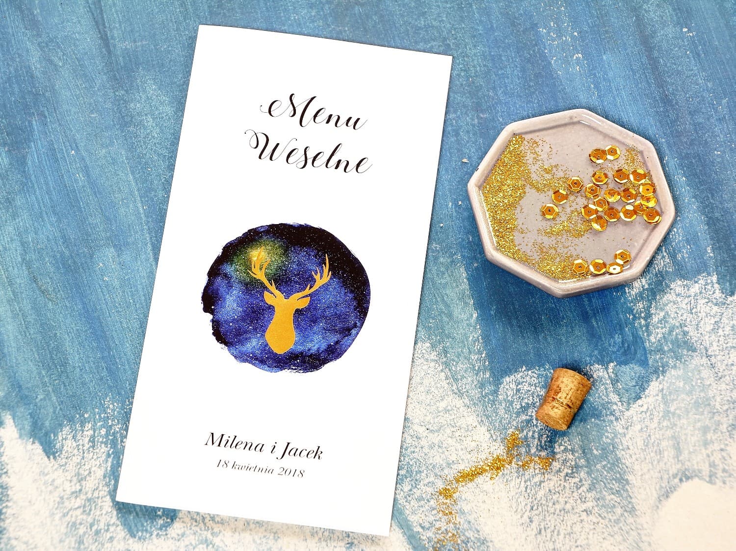 Menu Weselne Złocone z Jeleniem, Granatowe | Elegancka Karta Dań na Stół | Księżycowa Noc nr 5