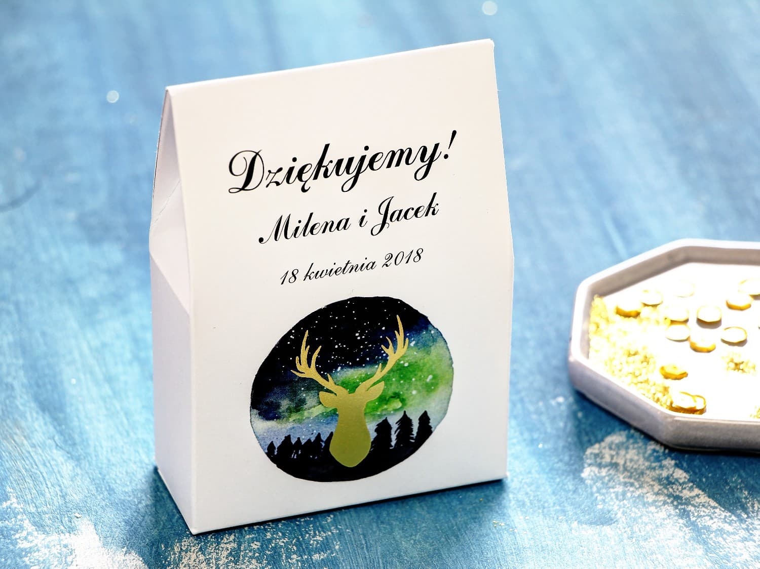 Pudełeczka Podziękowania dla Gości ze Złotym Jeleniem | Upominki Weselne Leśne | Księżycowa Noc nr 7