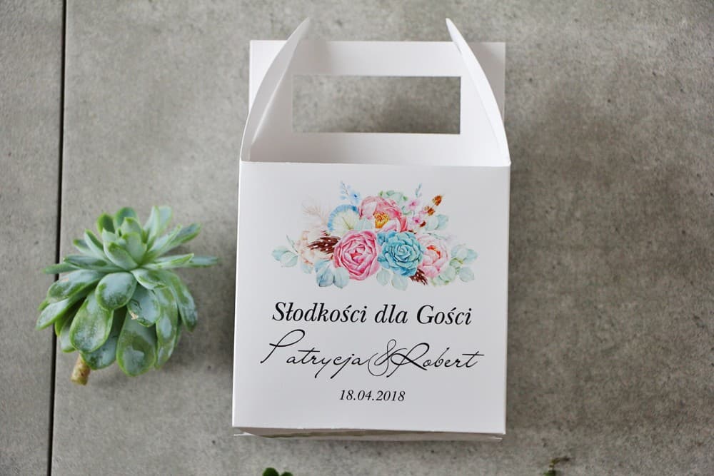Pudełka na Ciasto Weselne Boho z Personalizacją | Podziękowania dla Gości, Opakowania na Słodkości | Pistacjowe nr 24