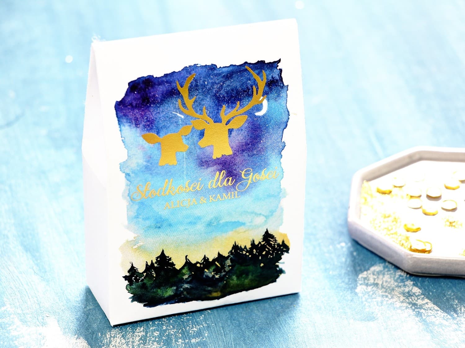 Pudełeczka ze słodyczami Złoty Jeleń | Podziękowania dla gości leśny motyw | Księżycowa Noc nr 9