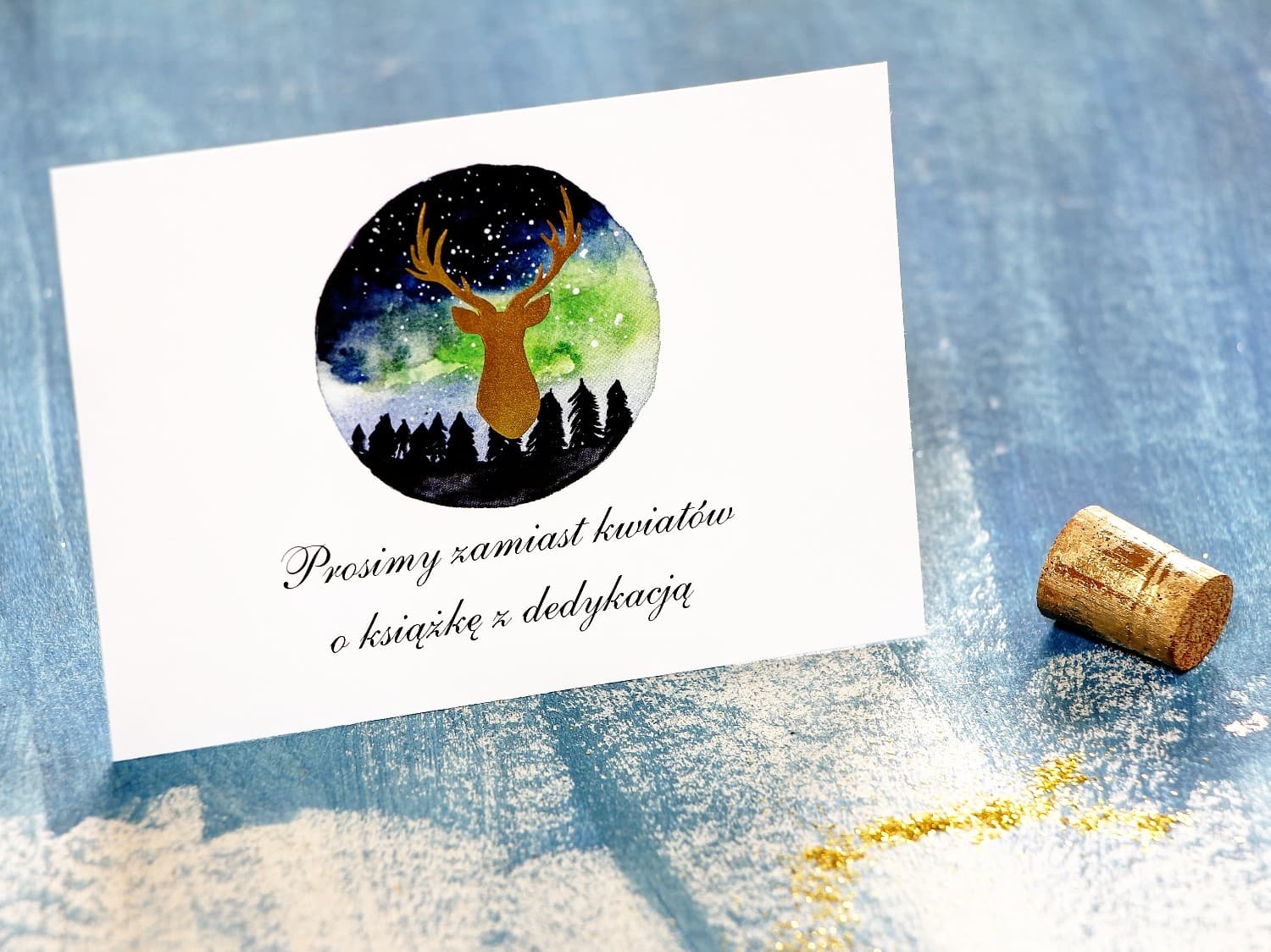 Złocony Bilecik do Zaproszeń z Jeleniem | Wkładka Leśny Motyw Nocne Niebo | Księżycowa Noc nr 7