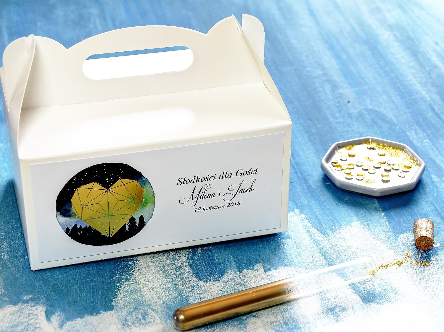 Złocone Pudełko na Ciasto Weselne z Uchwytem | Eleganckie Opakowania dla Gości | Księżycowa Noc nr 4