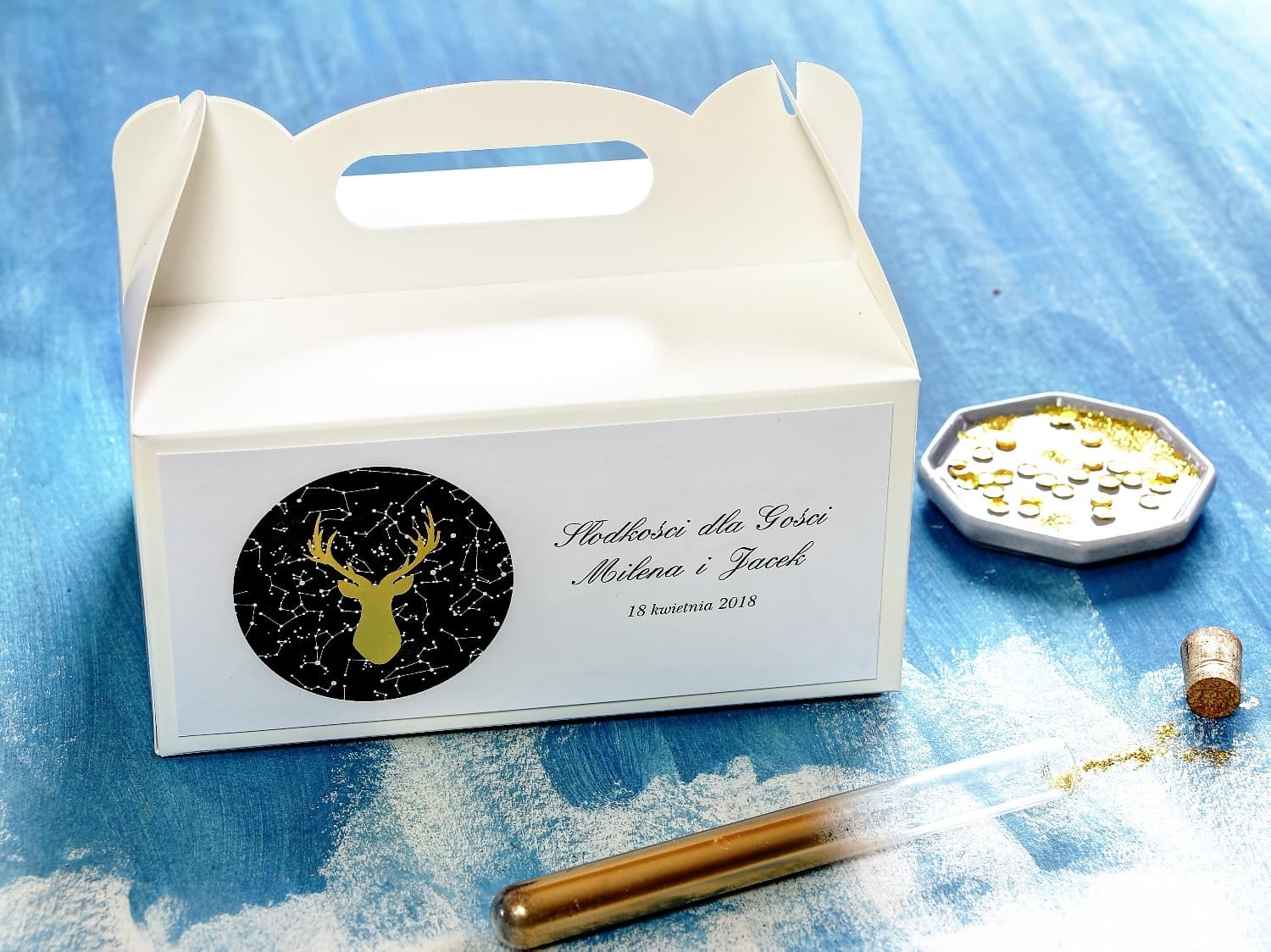 Złocone Pudełko na Ciasto z Jeleniem i Rączką | Eleganckie Opakowania dla Gości | Księżycowa Noc nr 6