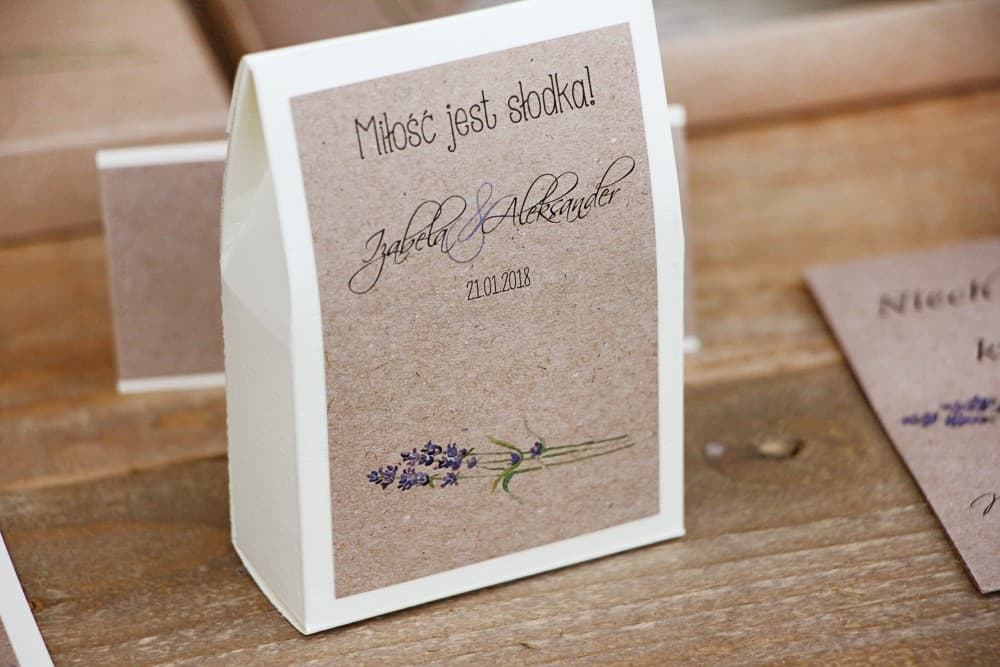 Pudełeczka z lawendą i słodyczami, ekologiczny papier | Podziękowania dla Gości Weselnych | Margaret nr 1