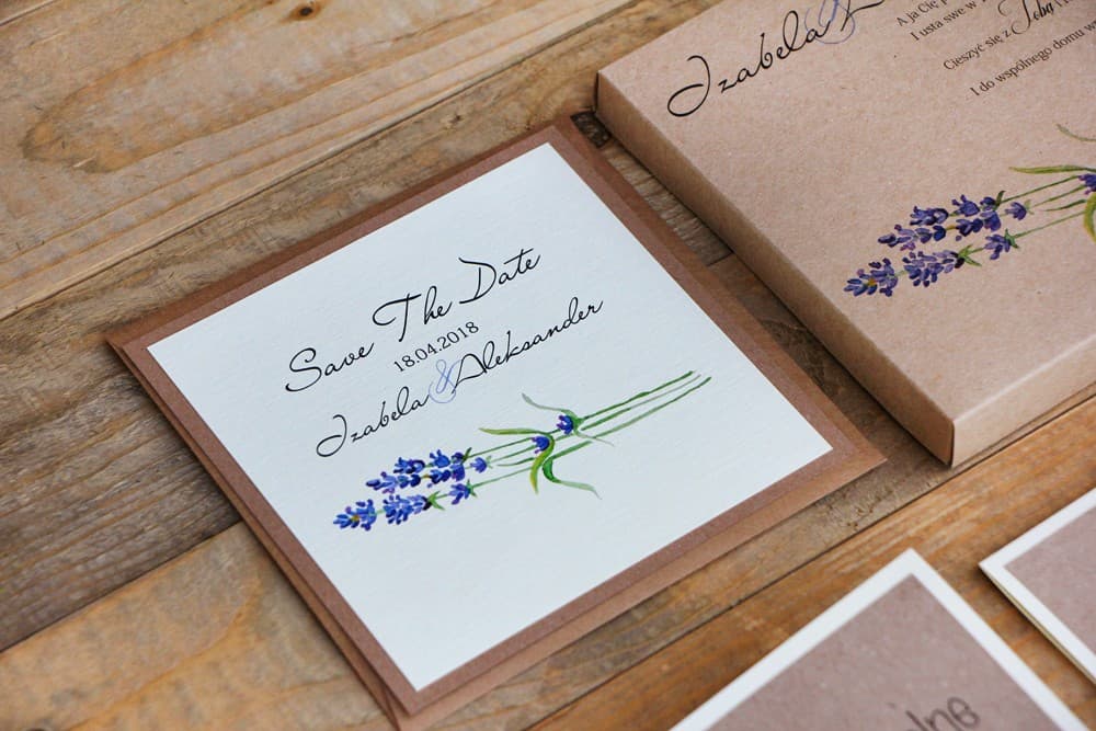 Akwarelowe Save The Date z Lawendą, Ekologiczne i Rustykalne | Zawiadomienia o Ślubie, Karty Save The Date | Margaret nr 1