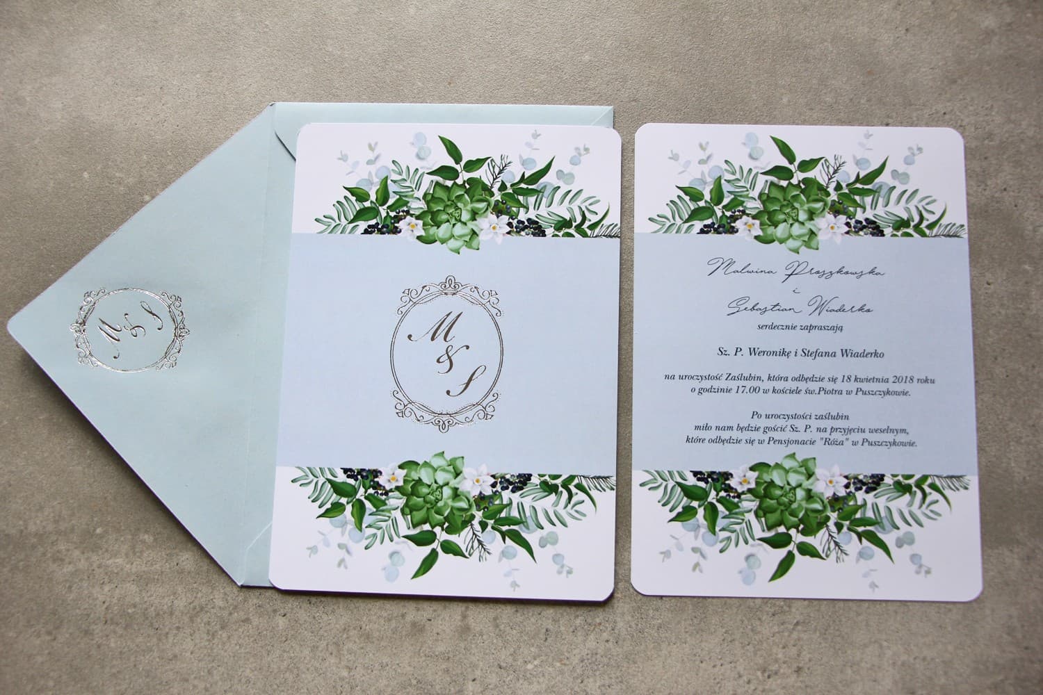 Zaproszenia ślubne niebieskie z eukaliptusem i delikatnym srebrzeniem – Sorento nr 17 - 3