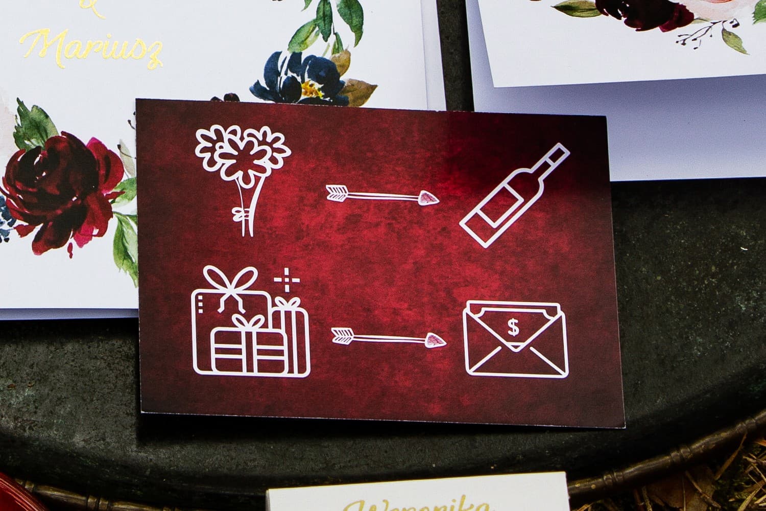 Elegancki Bilecik złocony, burgundowe kwiaty | Wkładka informacyjna do zaproszeń ślubnych | Orini nr 1