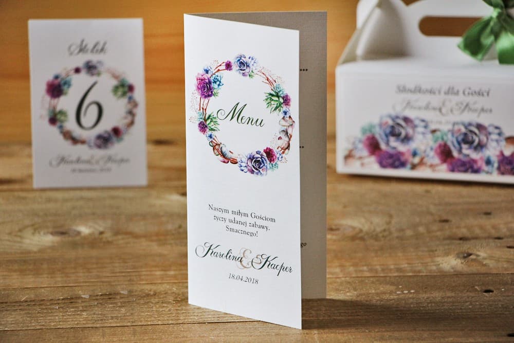 Akwarelowe Menu Weselne Stojące z Motywem Sukulentów, Personalizowane Karty Dań | Menu na Stół Weselny | Akwarele nr 1