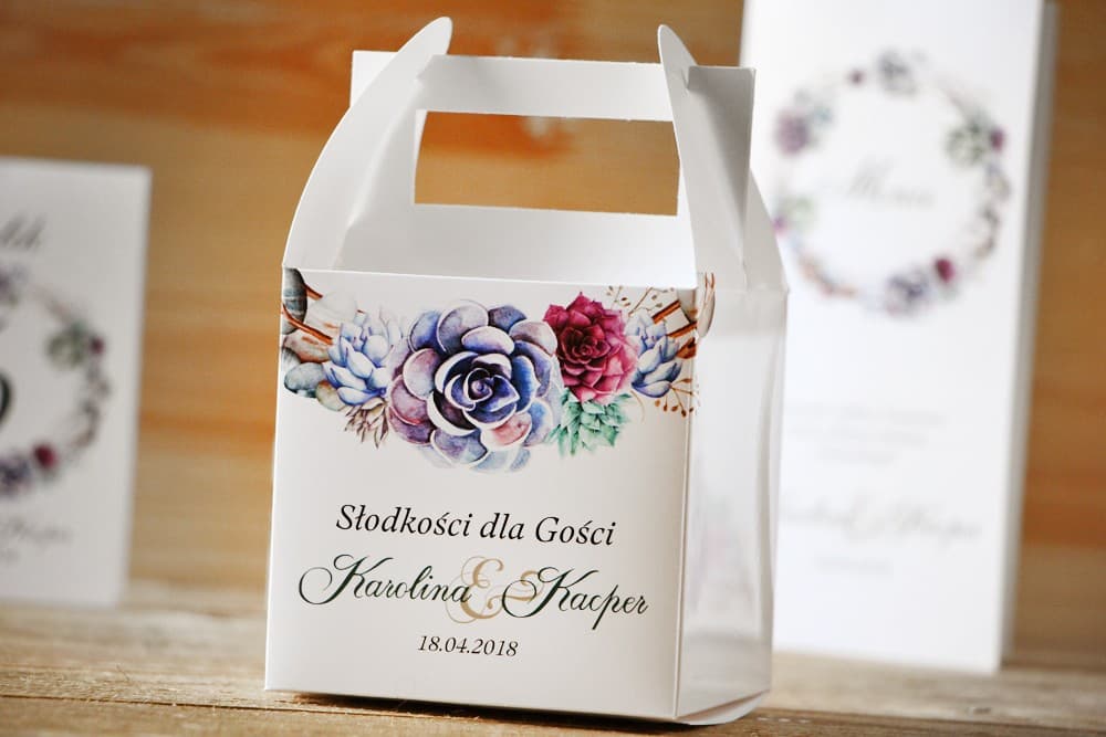 Personalizowane Pudełka na Ciasto Weselne z Rączką, Akwarelowe Sukulenty | Podziękowania dla Gości | Akwarele nr 1