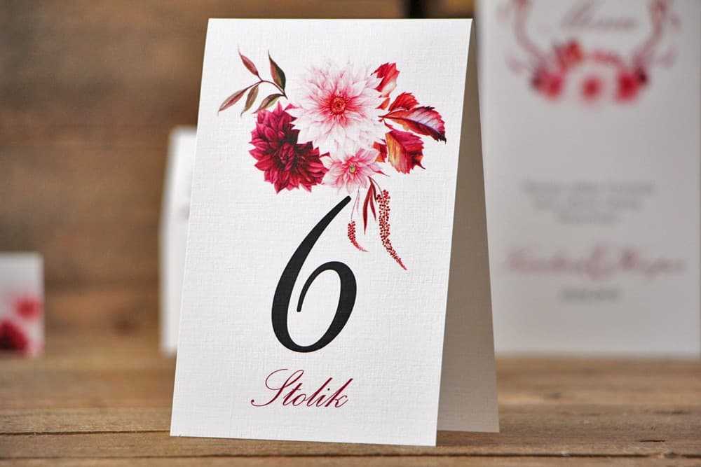 Numerki na Stół Weselny Kwiatowe Dalie Bordo | Elegancka Numeracja Stołów, Oznaczenia na Stół | Akwarele nr 2