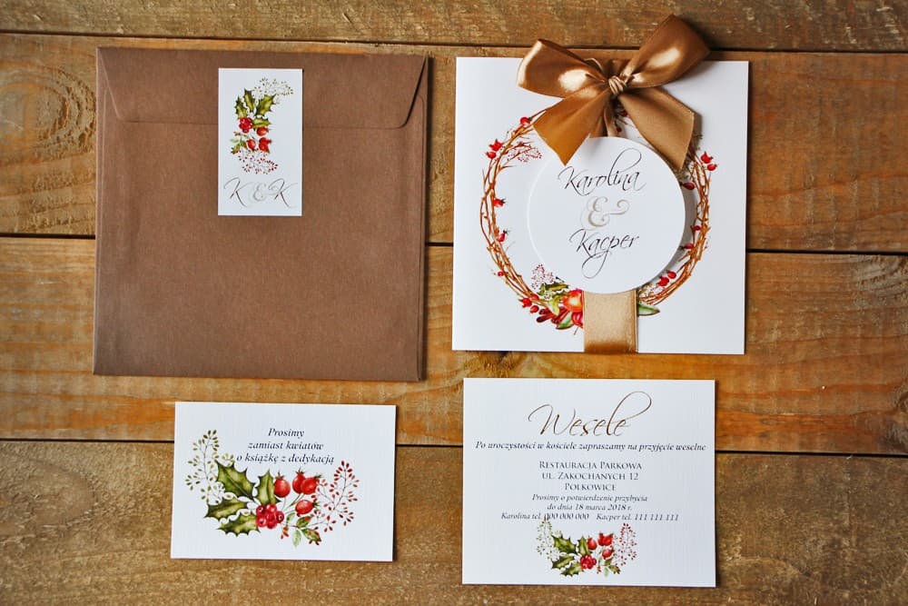 Zaproszenia ślubne zimowe z motywem czerwonych róż i kokardą – Akwarele nr 3