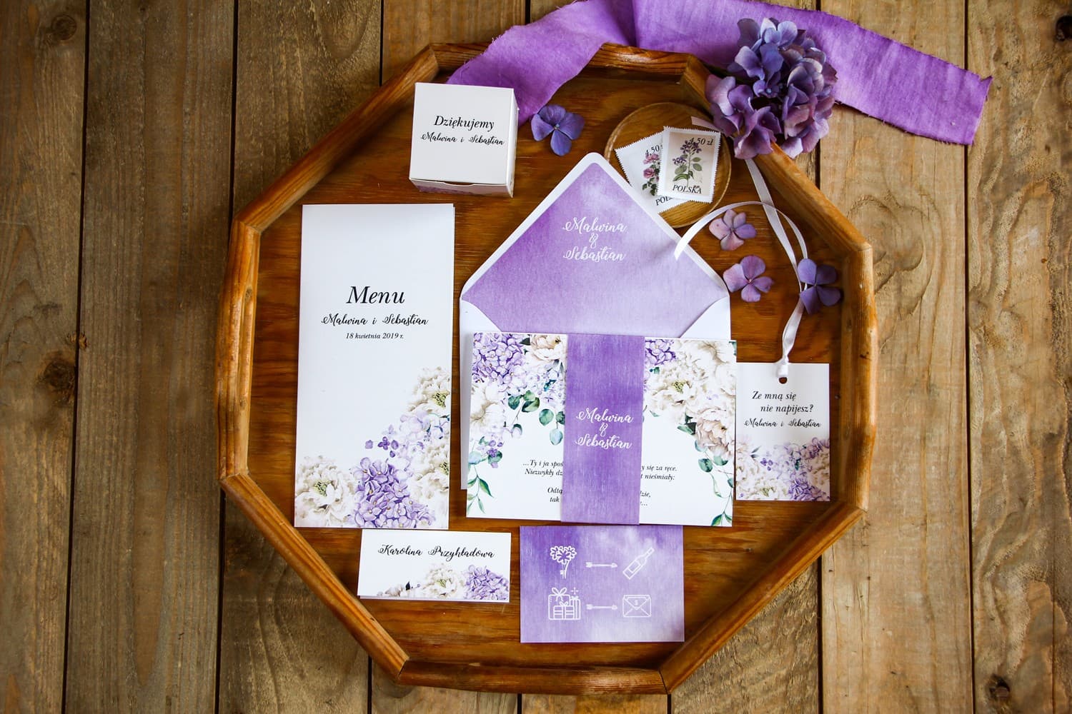 Zaproszenia ślubne harmonijkowe z motywem fioletowej hortensji – Rozalia nr 1