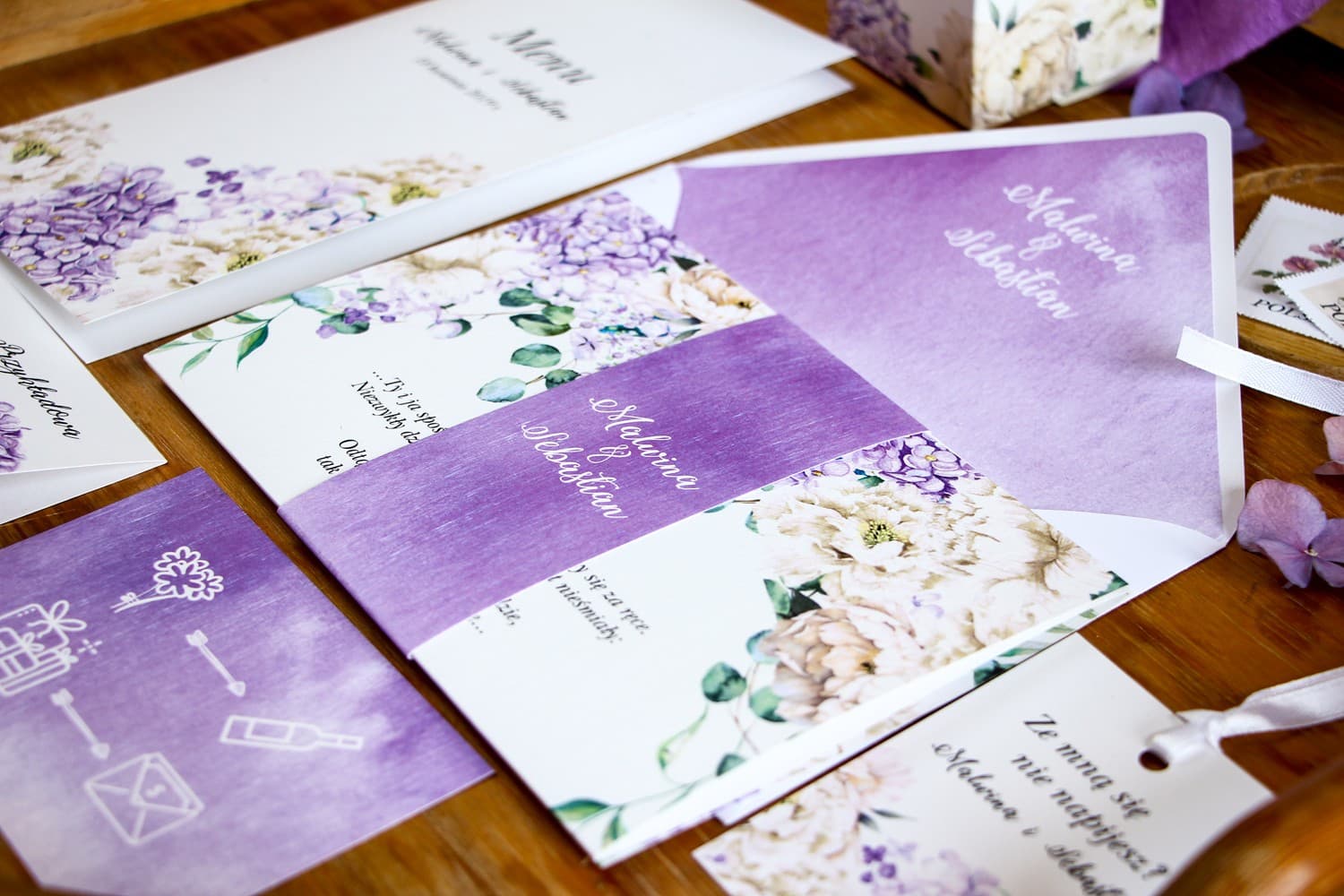 Zaproszenia ślubne harmonijkowe z motywem fioletowej hortensji – Rozalia nr 1 - 2