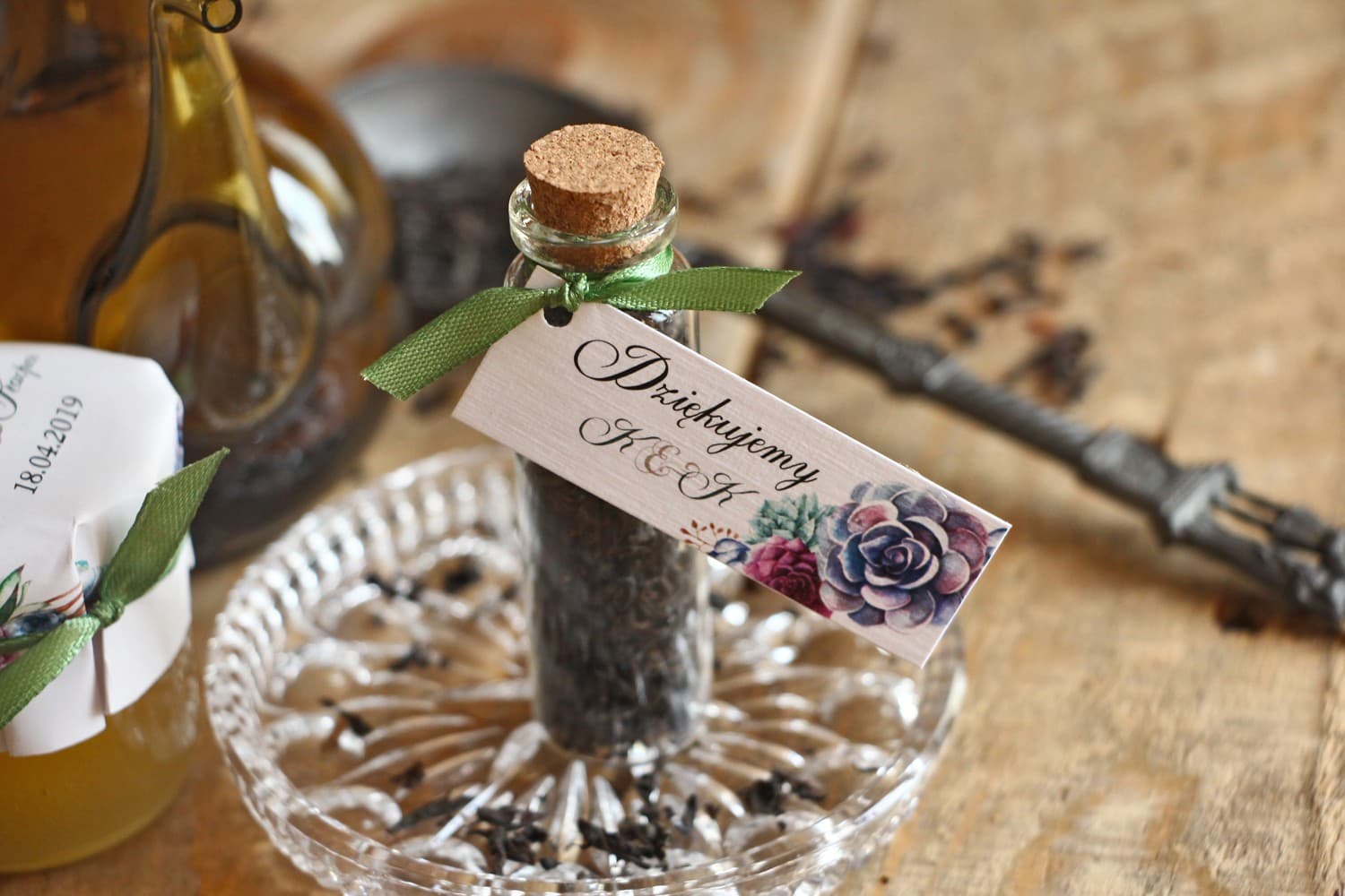 Elegancka Herbata w Fiolce z Korkiem, Przywieszka Sukulenty | Podziękowania dla Gości Weselnych | Akwarele nr 1