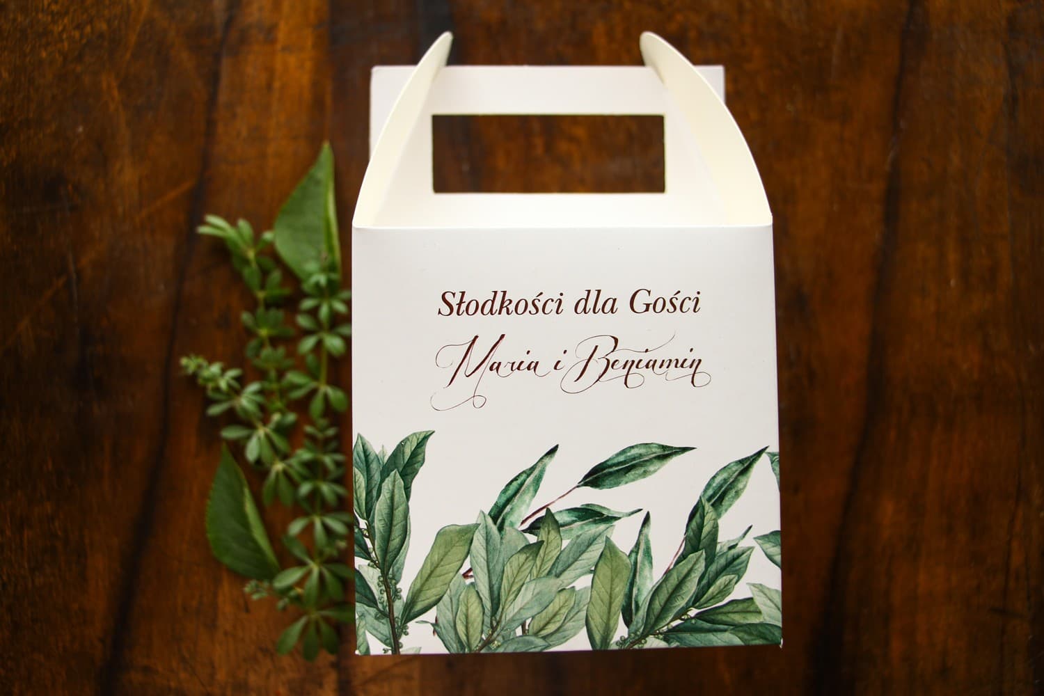 Pudełko na ciasto dla gości z rączką botaniczny wzór | Opakowania na słodkości weselne | Indygo nr 2