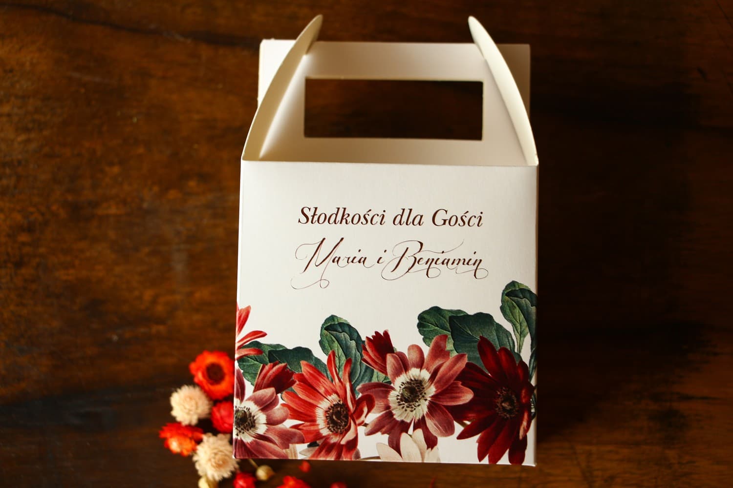 Pudełka na Ciasto Weselne z Uchwytem Bordowe Kwiaty | Podziękowania dla Gości | Indygo nr 3