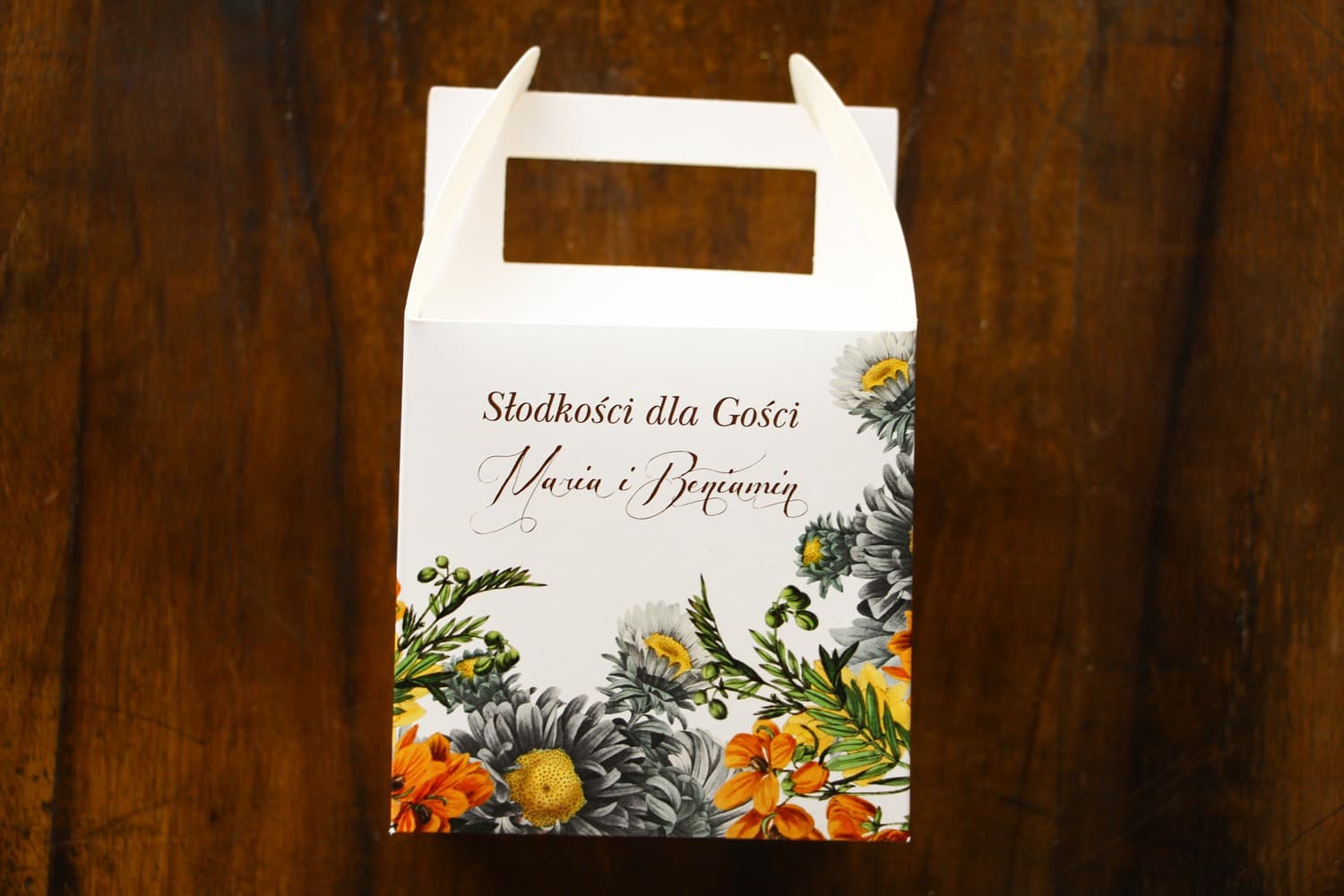 Pudełka na Ciasto Weselne z Uchwytem Żółte Kwiaty | Podziękowania dla Gości | Indygo nr 4