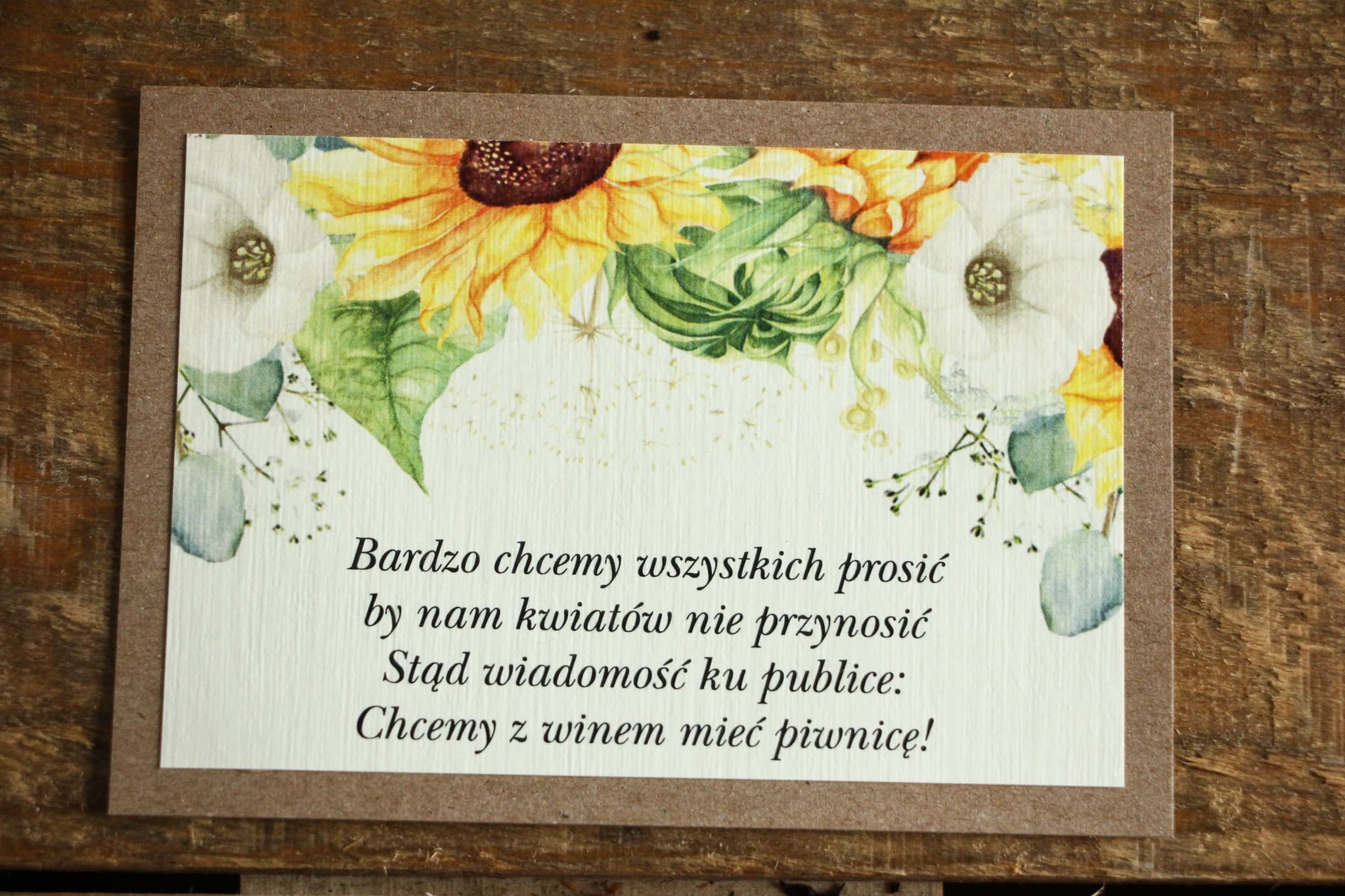 Rustykalne bileciki do zaproszeń ślubnych ze słonecznikami na papierze kraft - Kraft nr 5