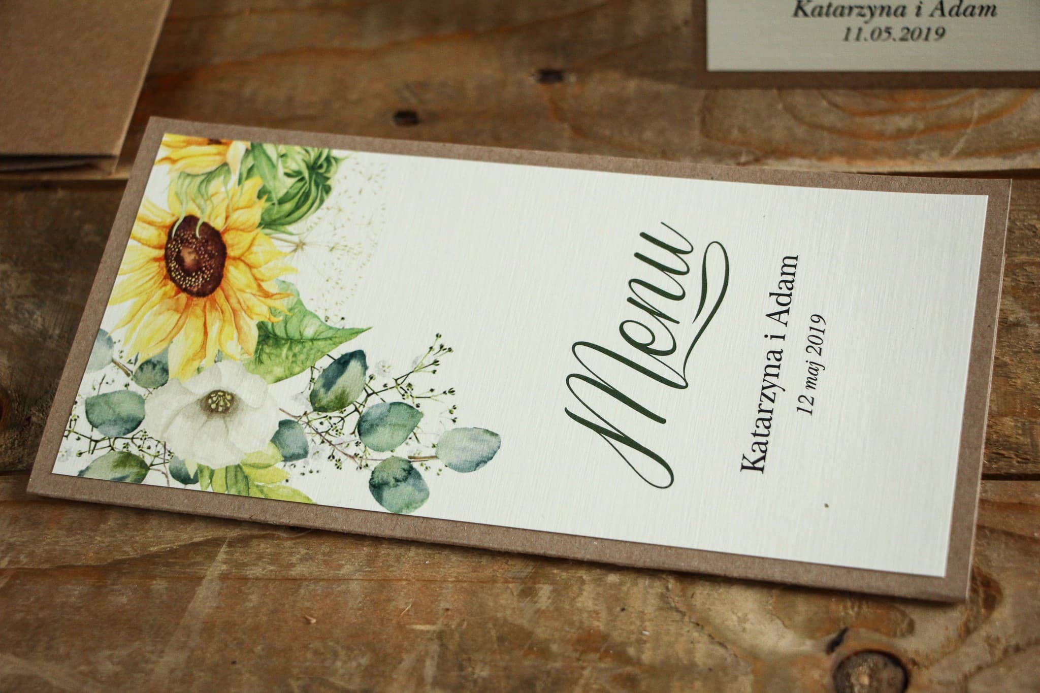 Rustykalne Menu Weselne ze Słonecznikiem | Ekologiczna Karta Menu na Stół Kraft | Kraft nr 5