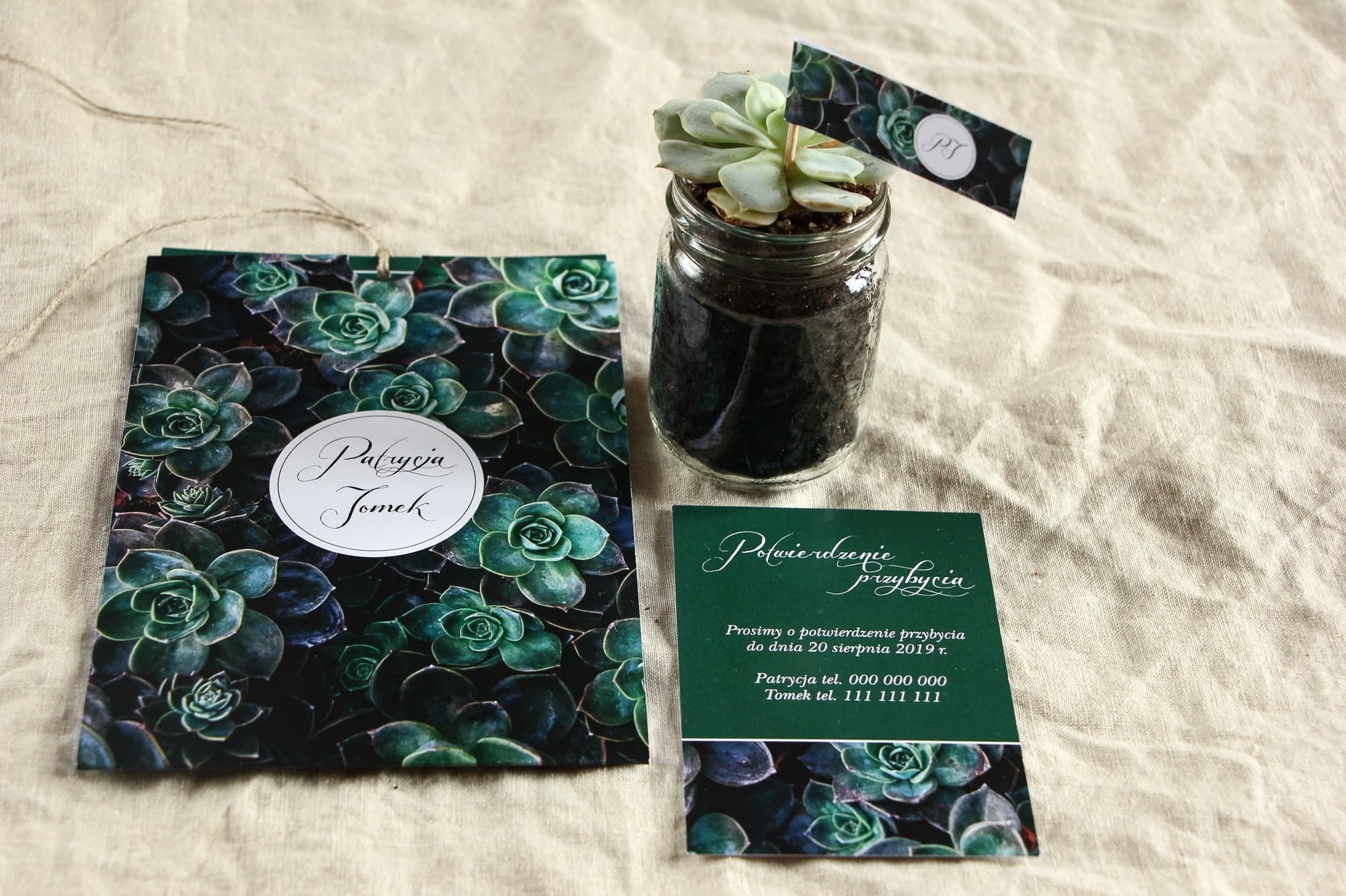Zaproszenia ślubne boho z sukulentami w etui i jutowym sznurkiem – Botanik nr 3 - 3