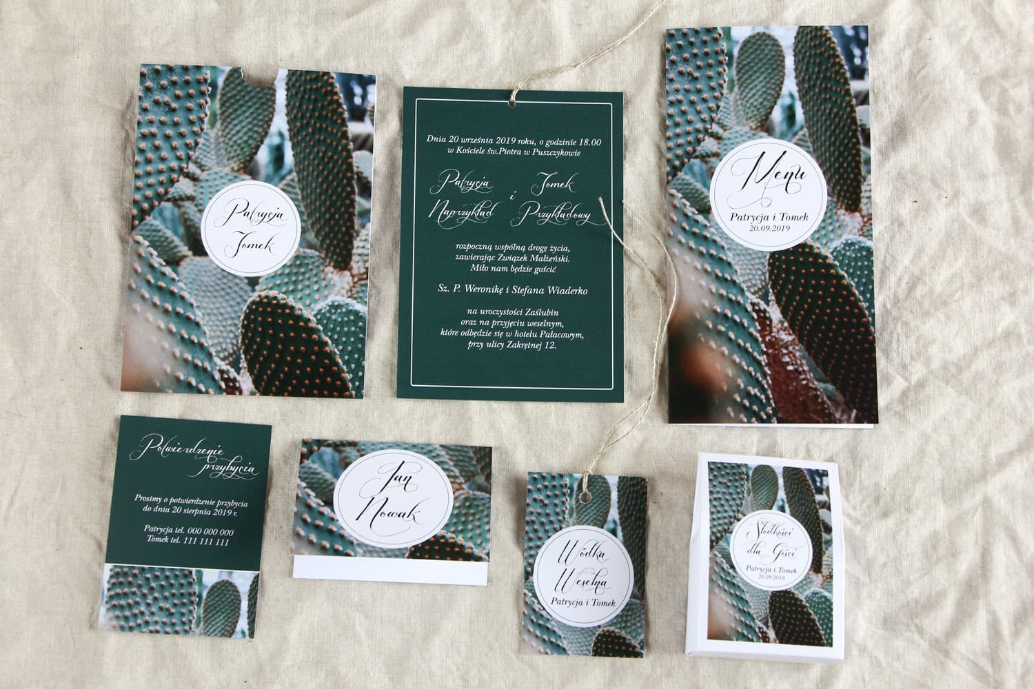 Zaproszenia ślubne w etui z zielonym kaktusem w stylu boho – Botanik nr 4 - 2