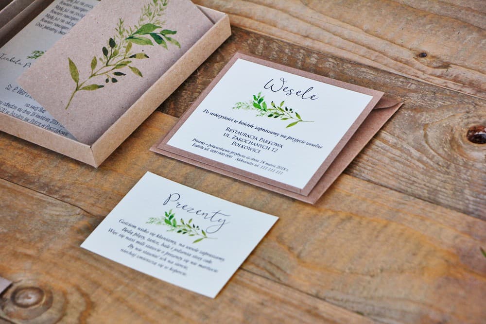 Bileciki do Zaproszeń z prośbą o pieniądze, RSVP | Wkładki do zaproszeń ślubnych z zielonymi gałązkami | Margaret nr 7