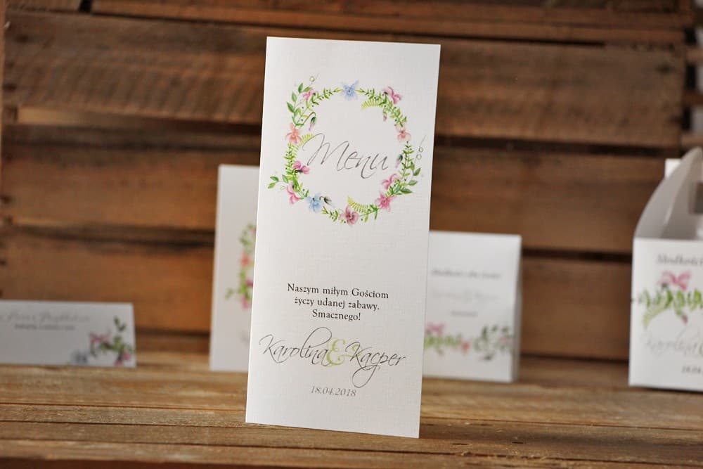 Składane Menu Weselne z Fiołkami | Karty Menu na Stół, Akwarelowa Papeteria Ślubna | Akwarele nr 4