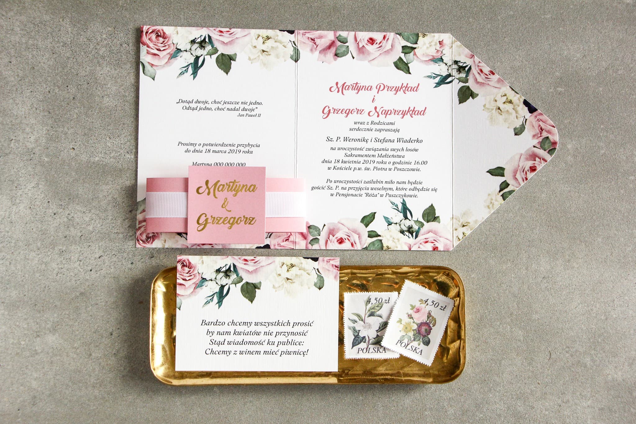 Zaproszenia ślubne glamour z owijką i złoconymi piwoniami – Lotaro nr 4 - 2