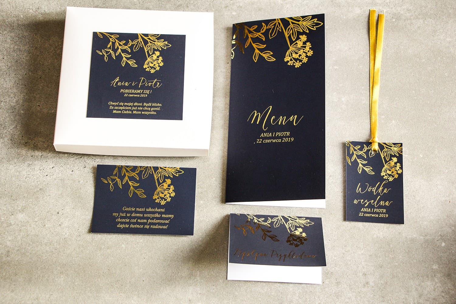 Zestaw Próbek Papeterii Glamour Granat Złocone Gałązki | Próbki Zaproszeń Ślubnych | Szafir nr 2