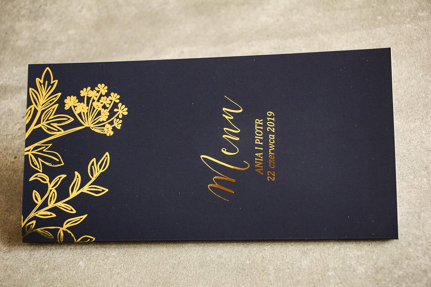 Złocone Menu Weselne Granatowe, Składane Dekoracje Stołu | Menu na Wesele Glamour | Szafir Nr 2