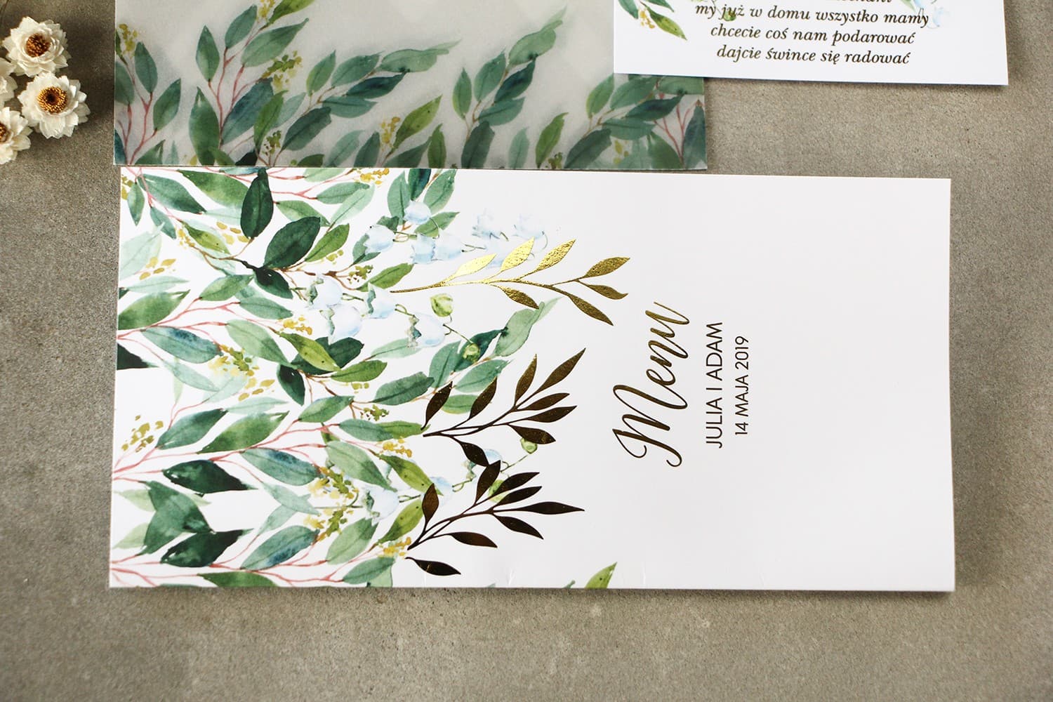 Złocone Menu Weselne Rubin nr 4 – Elegancka Karta z Konwaliami