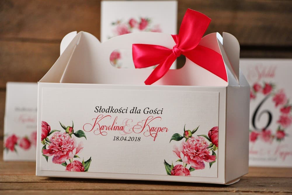 Pudełko na Ciasto z Rączką Akwarelowe Piwonie | Opakowania na Ciasto Weselne dla Gości z Personalizacją | Akwarele nr 6