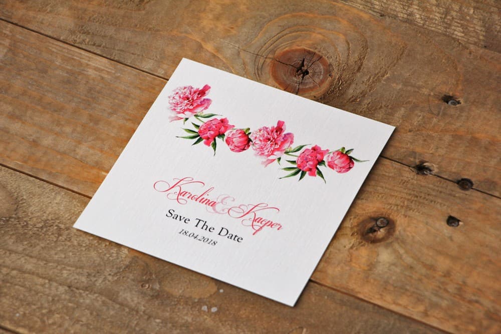 Akwarelowe Save The Date z Piwoniami, Amarantowe Kwiaty | Zawiadomienie o Dacie Ślubu | Akwarele nr 6