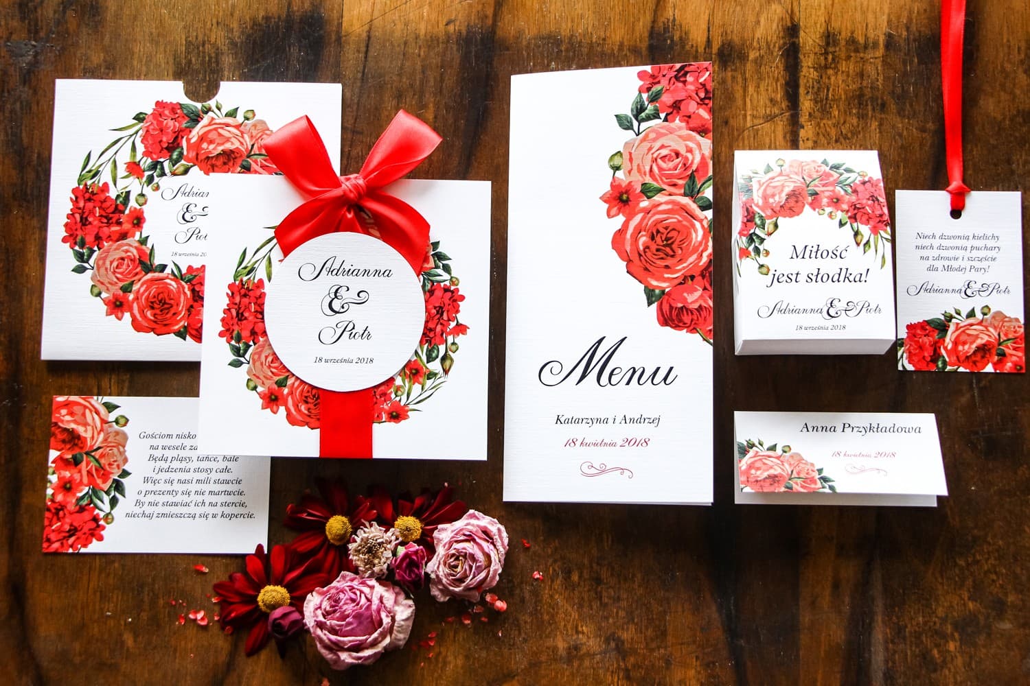 Zaproszenia ślubne w bordowym etui z kokardką i malowanymi kwiatami – Malowane Kwiaty nr 31 - 2