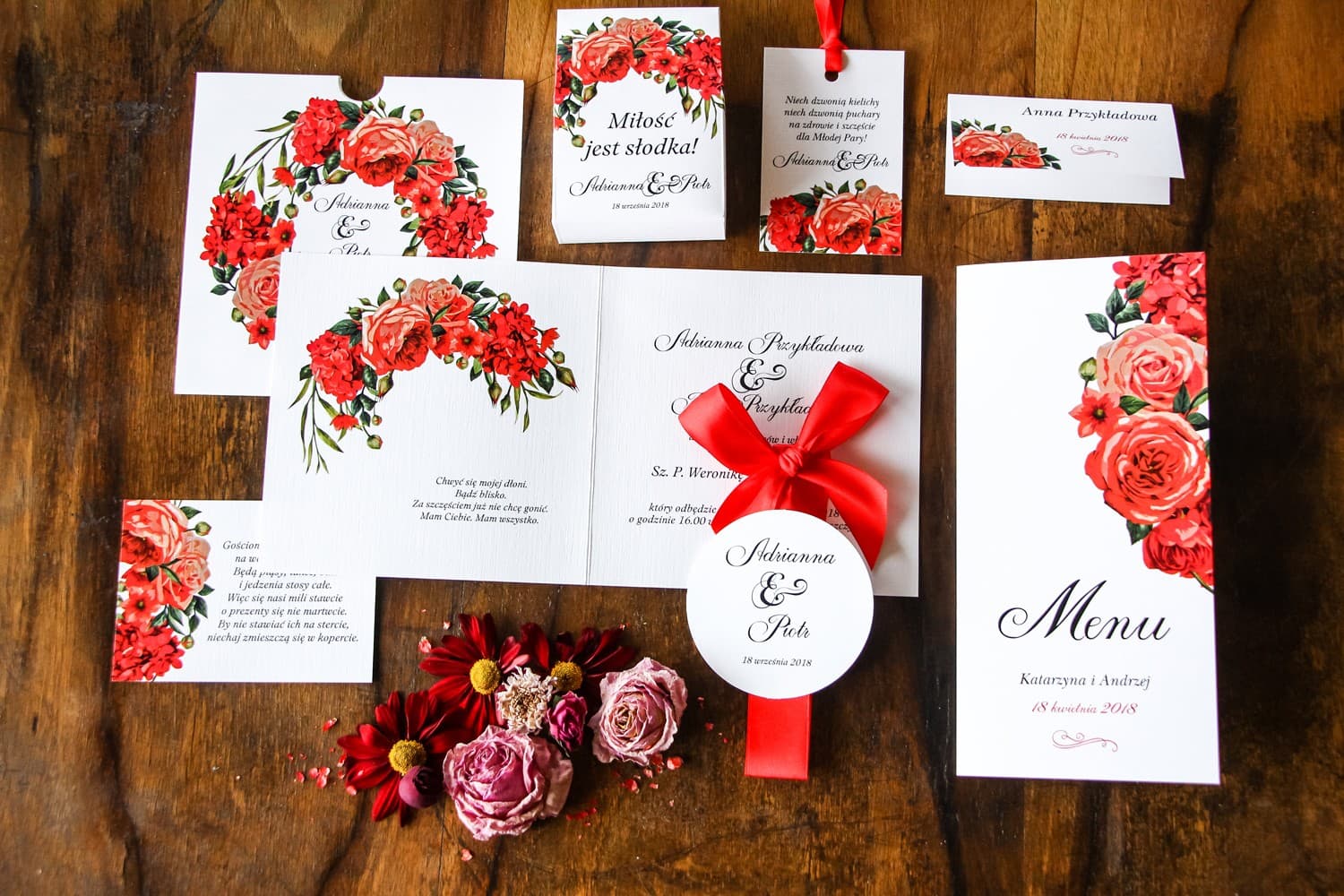 Zaproszenia ślubne w bordowym etui z kokardką i malowanymi kwiatami – Malowane Kwiaty nr 31 - 3