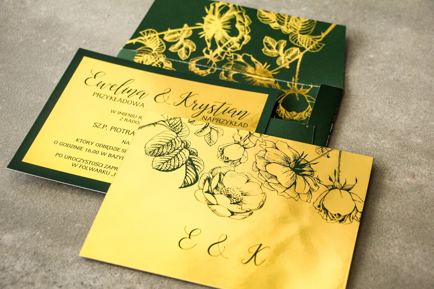 Zaproszenia ślubne zielone z bogatym złoceniem i różami – Brilant nr 3 - 3