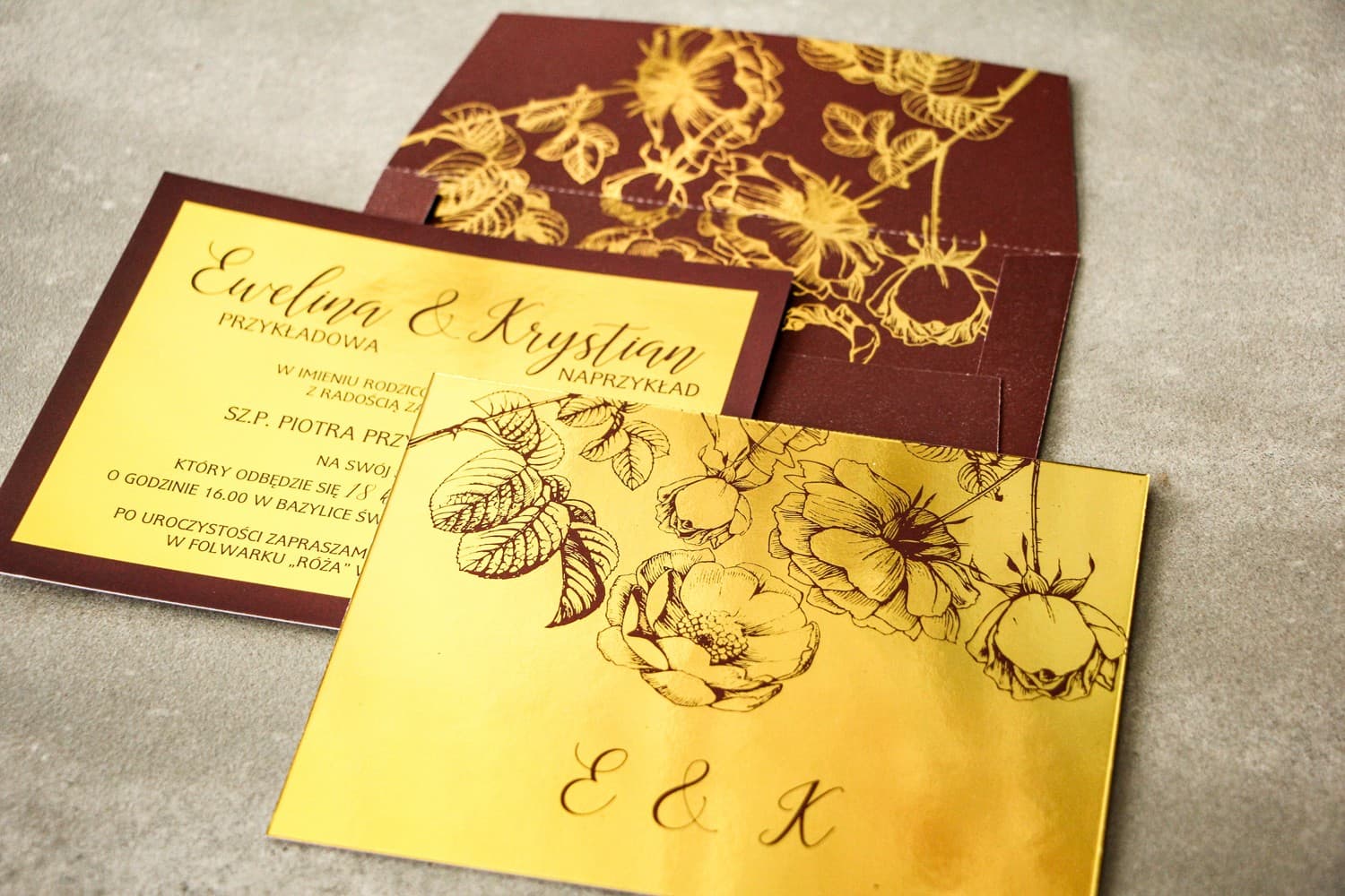 Zaproszenia ślubne bordowe ze złoconymi różami w stylu glamour – Brilant nr 4 - 3