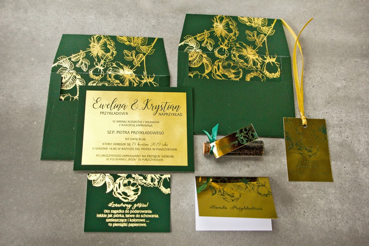 Złocone Próbki Zaproszeń Ślubnych, Zielone Dodatki | Zestaw Próbek Papeterii Ślubnej | Brilant nr 3