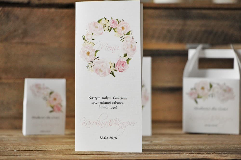 Menu Weselne z Piwoniami, Akwarelowe Kwiaty, Pudrowy Róż | Karta Menu na Stół Weselny | Akwarele nr 8