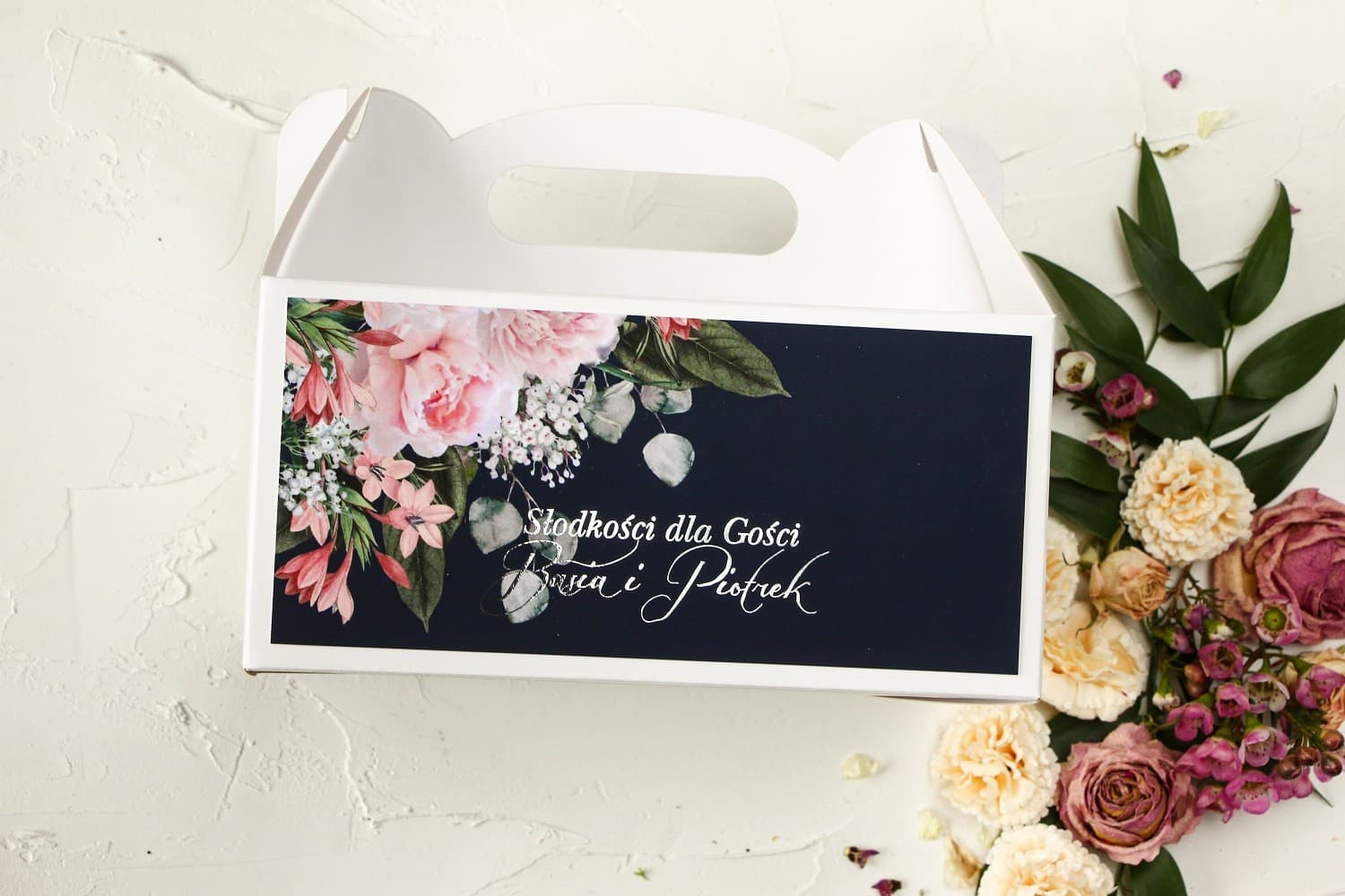 Eleganckie Pudełka na Ciasto Weselne z Rączką | Opakowania z Motywem Peonii | Pastelowe nr 3