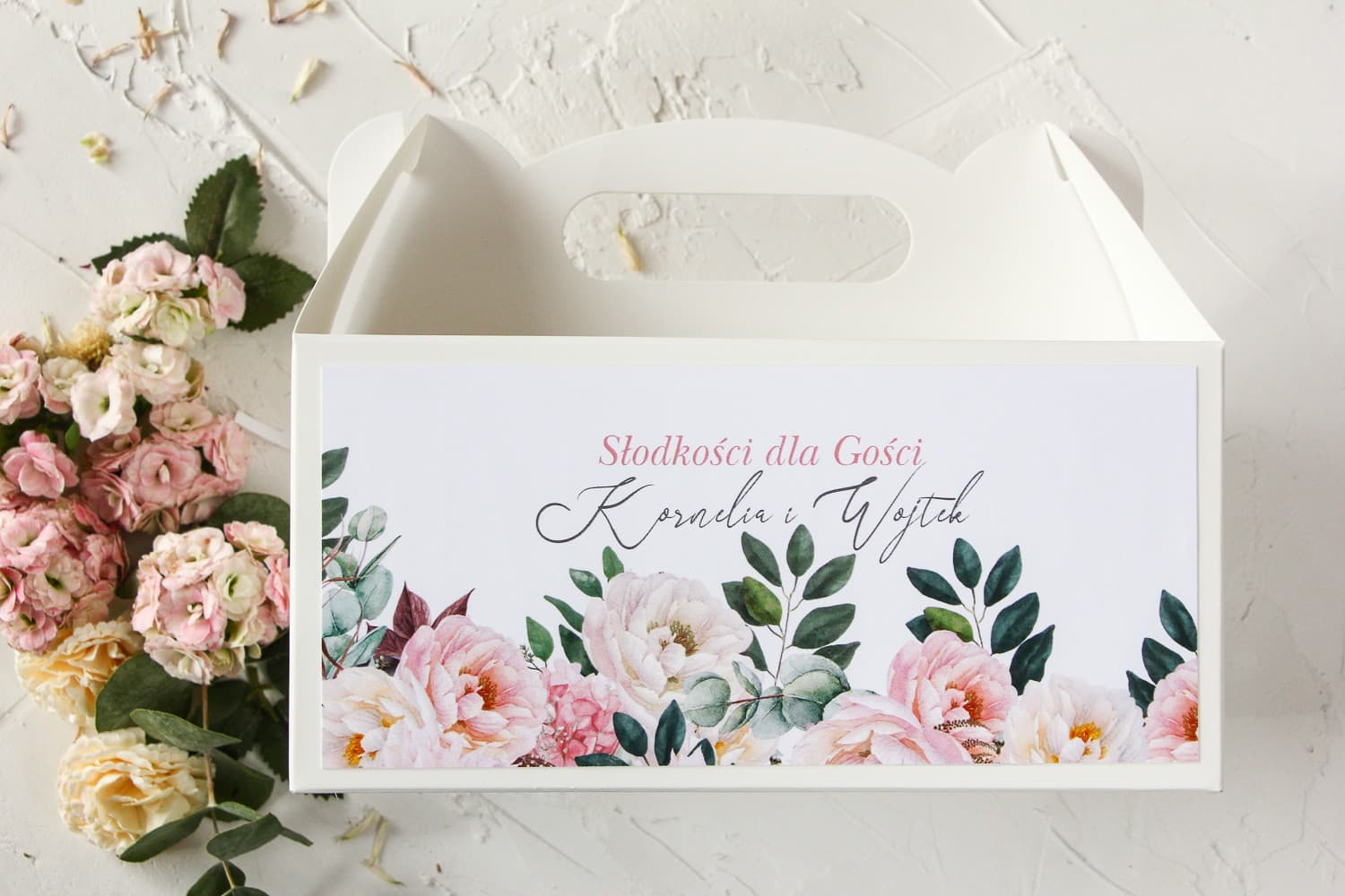 Pudełka na Ciasto Weselne z Rączką Różowe Piwonie | Podziękowania dla Gości | Wenis nr 6