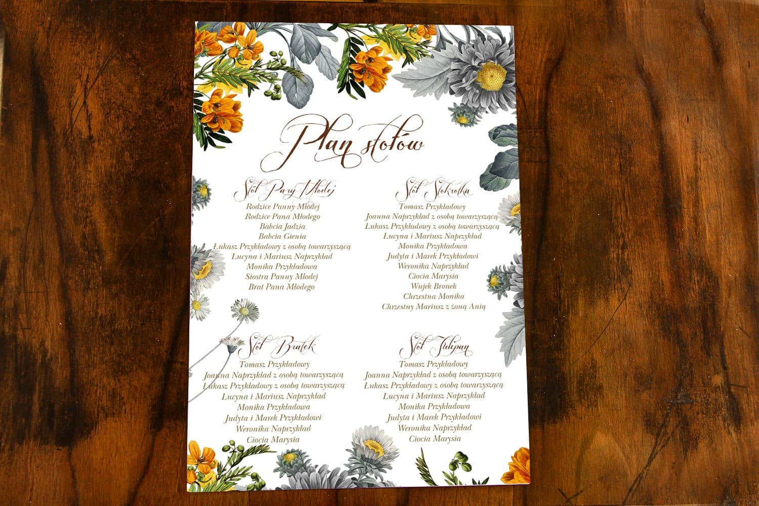 Botaniczny Plan Stołów z Żółtymi Kwiatami | Rozpiska Usadzenia Gości Weselnych | Indygo nr 4