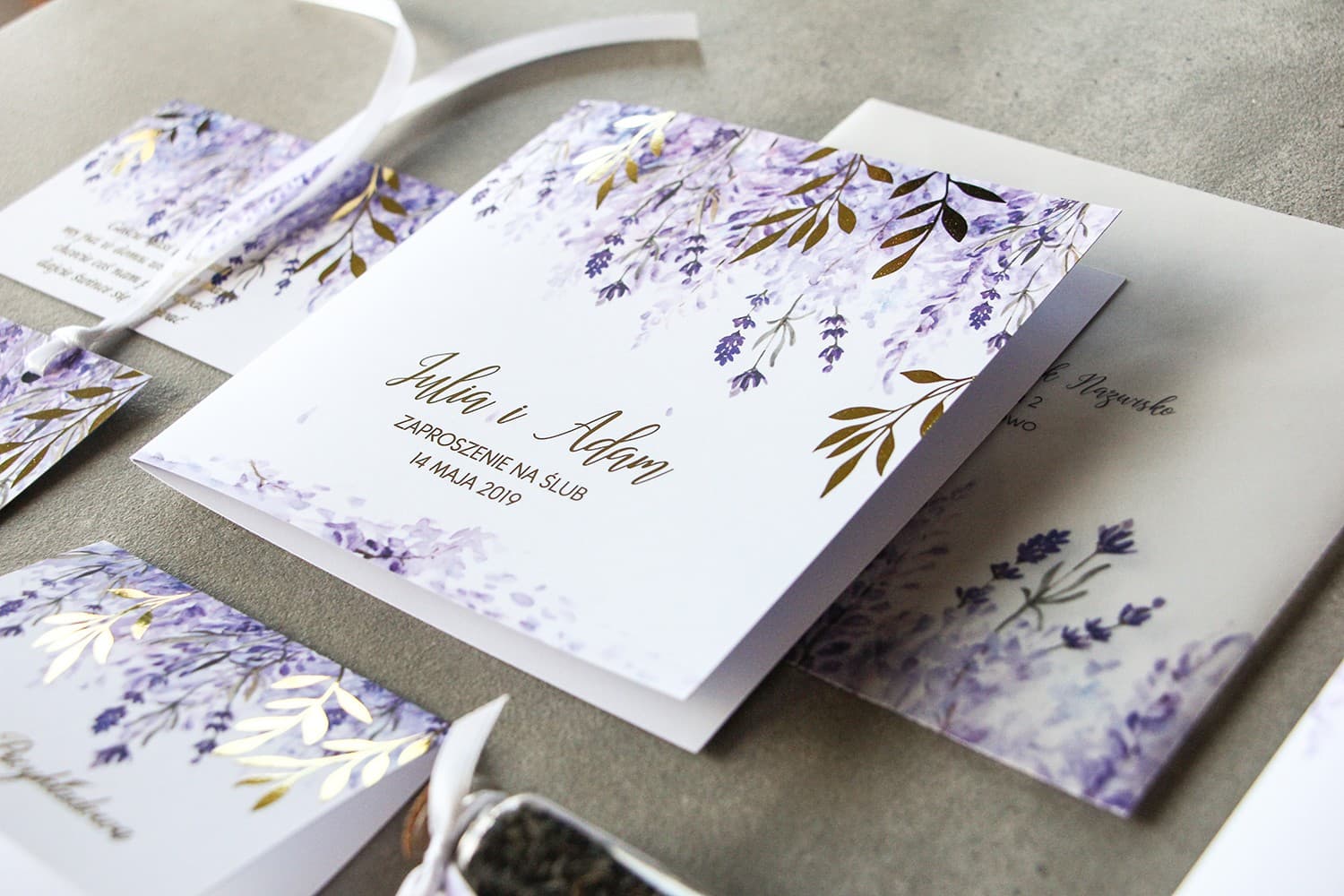 Próbka Zaproszenia z Wrzosem i Złoceniem | Fioletowe Zaproszenia Ślubne Glamour | Rubin nr 5