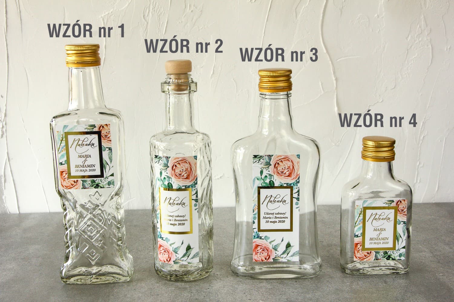 Złocone Buteleczki na Nalewki Weselne z Piwoniami | Prezenty dla Gości Glamour | Flores nr 4 - 2