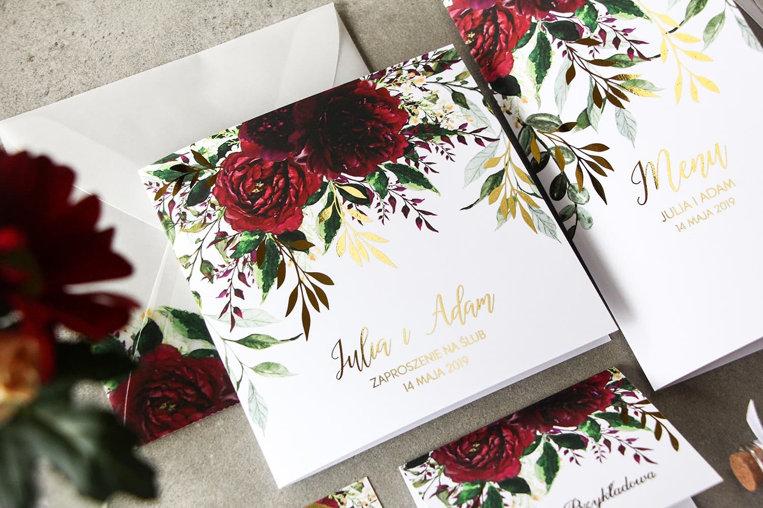Zaproszenia na Wesele Rubin nr 3 – Styl Glamour z Bordową Piwonią