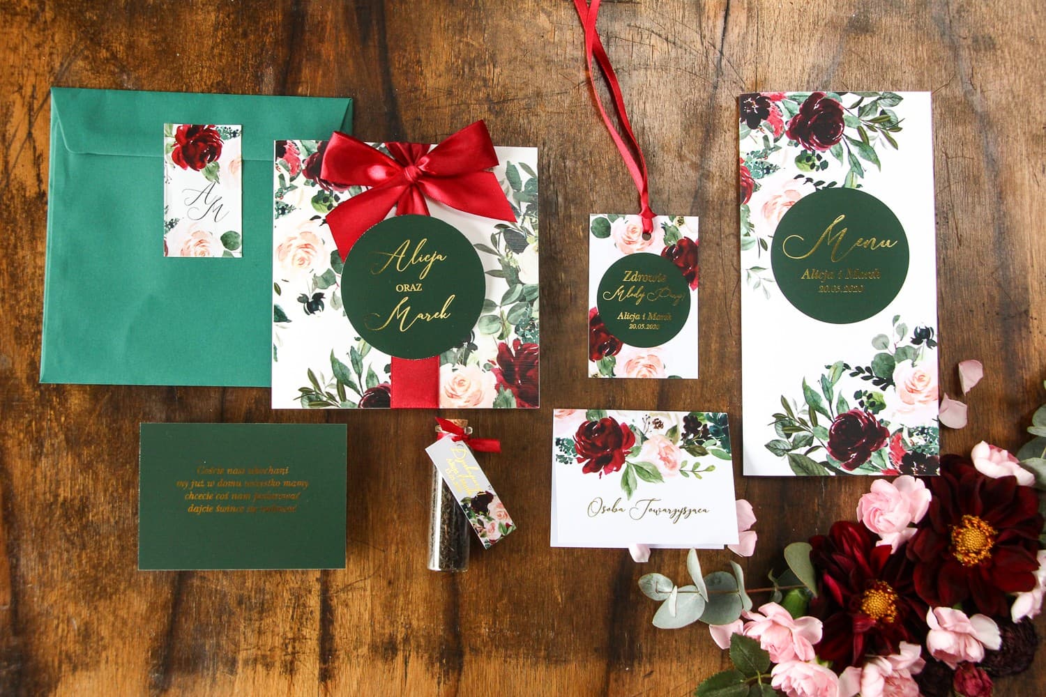 Zaproszenia Ślubne Soreli nr 2 – Styl Glamour z Bordową Piwonią i Złoceniem - 3