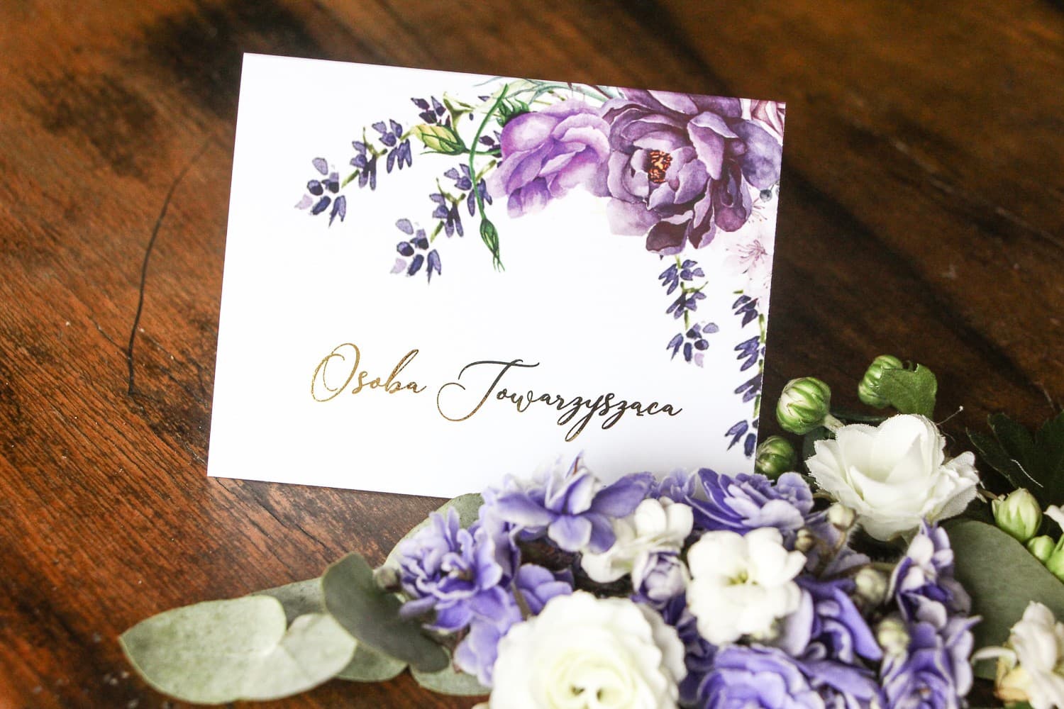 Winietki Ślubne Soreli nr 4 – Złocone Wizytówki na Stół z Motywem Lawendy