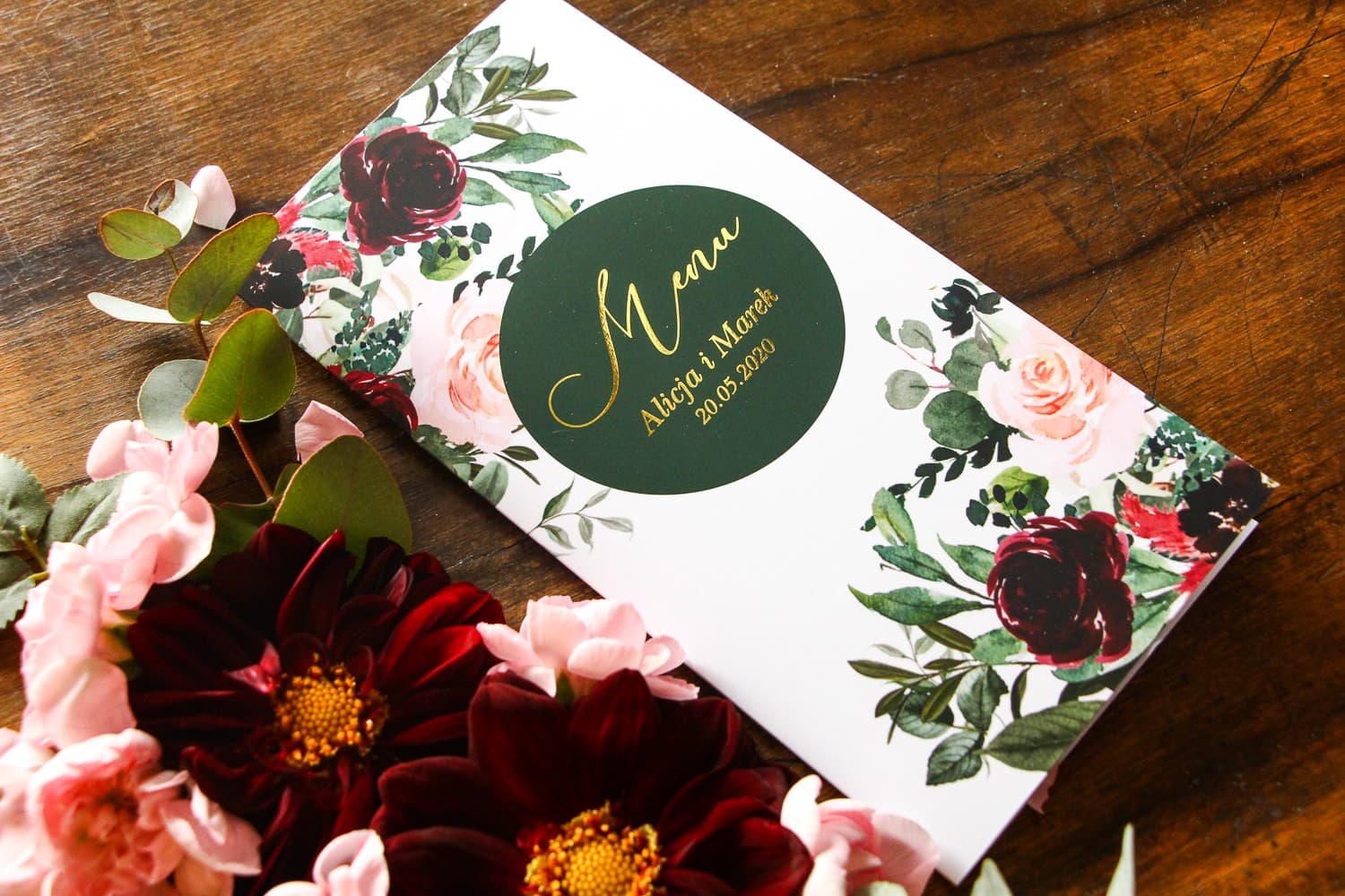 Menu Ślubne Glamour z Piwoniami Burgund | Elegancja Florystyczna | Soreli Nr 2